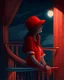 Placeholder: woman with a red baseball hat. leaning on a wooden balcony. night time. fantasy. cartoon. studio lightining.