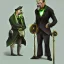 Placeholder: pompous fantasy man with white mustache and monocle standing upright in a black suit and green tie giving counting gold pieces in his hands, epic lighting, stylized character art from artstation, medieval mmorpg artwork, league of legends