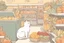 Placeholder: cute contented cat is shopping in a foodstore in sunshine. Food, fruits