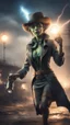 Placeholder: flashy magazine cover illustration, fallout 4 docks setting, horror weird cowboy wizard alien in female garments,holding bright flashlight, getting hit by lightening electric arc, with big disturbed eyes,bokeh like f/0.8, tilt-shift lens 8k, high detail, smooth render, down-light, unreal engine, prize winning