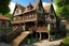 Placeholder: large medieval gothic, wooden inn, with a balcony, next to a sloping, cobbled road, in a wood, dense foliage, photo-realistic