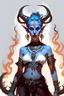 Placeholder: A full body image of this tiefling woman she has fire powers, she is floating she has lots of jewelry and the horns of a ram and also the horns of a gazelle, her outfit is white and her body is covered in tribal tattoos