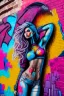 Placeholder: graffiti art on the brick wall portraying a female super model posing confidently, 8k, highly detailed, centered, epic composition, graffiti art, splash art, street art, spray paint, oil gouache melting, acrylic, high contrast, colorful polychromatic, ultra detailed, ultra quality, CGSociety