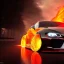 Placeholder: sweeping view of detailed phong shaded rendering of a car made of molten lava, headlights, bumpers, whole car