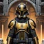 Placeholder: star wars bald male corellian pilot wearing pearlescent black and gunmetal grey First Order special forces heavy assault stealth commando armor and helmet with gold trim inside the jedi temple, hyperdetailed, dynamic lighting, hyperdetailed background, 8k resolution, volumetric lighting, light skin, fully symmetric details