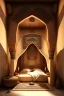 Placeholder: An Egyptian bedroom with arches, a big bed, cushions, rugs, lamps