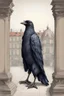 Placeholder: Pencil colour drawing. Anthropomorphic raven dressed as Prinz Eugen standing at Schloss Belvedere in Vienna