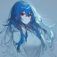 Placeholder: Clear focus, High resolution, rough line sketch art, blue hair, fluffy hair, between eyes, red eyes, no light in eyes