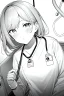 Placeholder: girl in bed, hospital patient room, greyscale