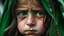 Placeholder: A girl wearing a Palestinian dress with tears in her eyes Her eye color is green Its color is brown Carrying the Palestinian flag