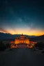 Placeholder: photographic realism. a beautiful Balkan scene in the middle of a desert at sunset. atmospheric. huge palace and immense view of the night sky.