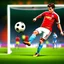 Placeholder: Soccer player kicking a ball into the goal with a lot of force, cartoon art