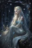 Placeholder: Elven princess,elven crown,long blonde golden hair,rapunzel hair,ice flowers,beautiful,light blue,dark blue,golden armor,sparkle,glitter,ice flowers,snow,elven ears,dark fairy princess