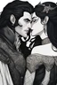 Placeholder: @Selene A couple from the dnd game curse of Strahd about to kiss, fantasy style art, full color. She has long black hair that is wavy, and full lips. She is wearing an off the shoulder gown and is curvy and fuller figure. Strahd has black hair and white skin, and waring all black. very passionate. They are in a black castle.