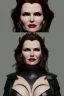 Placeholder: Geena Davis as evil queen in black leather, leather, busty, cleavage, angry, rage, stern look. character design by cory loftis, fenghua zhong, ryohei hase, ismail inceoglu and ruan jia. unreal engine 5, artistic lighting, highly detailed, photorealistic, fantasy