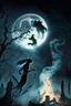 Placeholder: A black cat, running through smoke, in a graveyard, with a full moon in the background, and a witch casting a spell