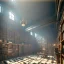 Placeholder: inside of a cybernetic gothic library museum , dystopic, millions of books, labyrintic architecture, orange color scheme, high key lighting, volumetric light high details with white stripes and feathers unreal 5, octane render, cinema4d, dynamic lighting, dramatic lighting, 4k, redshift render, highly detailed, hyper realistic, sunset, Stephan Eicher