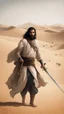 Placeholder: A picture of a man, in the desert, in old Arab dress, protecting a group of people behind his back, with black hair, a light beard, and carrying a sword.