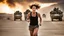 Placeholder: beautiful slender caucasian female technician, black tank top, angry, running, well toned muscles, weathered face, scratched sand camo metal details, short brunette wavy bob haircut, dystopian, desert scene with smoke and explosions,