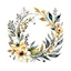 Placeholder: Minimal watercolor flower wreath with botanical details inwhite background. The wreath has black ink details and watercolor splashes.