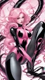 Placeholder: A close picture to Mix between gwenpool and symbiote, symbiote venom in background, pink and black custom, intricate details, highly detailedin in solo leveling shadow art style