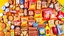 Placeholder: An image with the theme of orange, yellow, and bright red colors, filled with all kinds of drink cans, cakes, cookies, pasta packages, chips packages, puffs, sausages, sausages, mayonnaise, and ketchup arranged side by side in the middle of the picture.