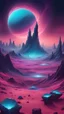 Placeholder: The image depicts an alien planet's landscape from a far perspective, showcasing towering crystalline structures jutting out from the vibrant purple and teal-hued terrain. The foreground is dominated by strange, bioluminescent flora, casting an otherworldly glow across the scene. The sky above is a swirling mix of pink and orange hues, with distant mountains silhouetted against the horizon. The composition is dynamic, with a sense of vastness and mystery conveyed through the use of a low, wide-a