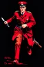 Placeholder: poster of a british soldier(uniform and face based on racist steriotypes) running towards viewer, a knife i one hand, and a gun(barrel pointing at viewer) in the other. retro poster monochrome with white background