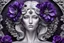 Placeholder: A silver-haired statuesque woman with black-purple silk flowers blooming around her head like a halo. She black to be carved from a block of marble, showcasing an intricate and flawless design. Her enchanting shiny gaze and the delicate flowers, plants decorations surrounding her make this piece a perfect representation of artistry , mystic fantasy and elegance.