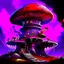 Placeholder: A fantabulous black, red, and purple (((mushroom tower house))) erected atop a (geologic pillar), surrounded by the uncanny imaginative ((( swirling skies))), offset by the stark hues of a (neon-tinged nebulous space scape), within. captured by the hand a skilled master painter with a focus on (softly blurred compositions and voluminous lighting).