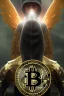 Placeholder: running berserker portrait , no face, black jogging suite , in the night Alps , holding bitcoin , angels background, volumetric gold light, high detail, dark leaf tree, dark mountains in background, perfect