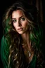 Placeholder: An amazing personal portrait of a Young attractive female, long messy hair, green emerald eyes, candid, intimate, dramatic light, mist dreamlike light, photorealism, ultra detail, 85mm lens, f 1. 2 --ar 6:9 --testp, soul, soulful portrait, spirit, personality, person, real smoke, smoky room, chest level silver chains, dramatic light, dreamlike light, Annie Leibovitz, Steve McCurry, Richard Avedon, Diane Arbus