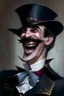 Placeholder: Strahd von Zarovich with a handlebar mustache wearing a top hat while laughing