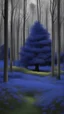 Placeholder: A dark blue trees in a wood with dark flowers on the ground , all picture items and backgrounds are dark blue