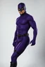 Placeholder: full-length, A portrait of a the Phantom, a man with piercing blue eyes, a chiseled jaw, goatee, timeless face, stern expression, Wearing a skintight formfitting purple cotton hero suit with a skintight cowl with a widows peak that fits tight to his head, but does not cover his face, he wears a thin, black leather, bandit eye disguise over his eyes, black and blue diagonally striped trunks, dual-holstered pistol belt adorned with a triangle skull-shaped buckle with leg straps, knee-high boots