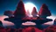 Placeholder: Create a dreamscape image with floating islands, unusual creatures, and a sky that slowly shifts from deep blue to red. The scene should feel otherworldly and give a strange vibe.
