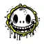 Placeholder: A black and white line drawing of an acid smiley face in tattoo style with horror elements