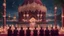 Placeholder: Hyper Realistic Photographic-View of few men praying outside a Huge-Beautifully-Crafted-Maroon-Mosque decorated with garland-lights & lamps between an island with ocean-water-waves & mountains around with Pigeons-Flying-at-night with dramatic-&-cinematic-ambiance