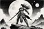 Placeholder: [An ink drawing on paper of Hotei] A muscular female warrior in ornate armor, wielding a sword, stands on a rocky cliff overlooking a vast, alien landscape with two moons in the sky. A fierce tarn flies overhead