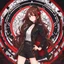 Placeholder: a woman with long brown hair, red eyes, with a confident, 'bad girl' vibe standing on a circular platform, wearing black and red leather, Chibi anime style, intricately detailed, splash art background