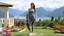 Placeholder: a picture of very beautiful lady with makeup and beautiful sports pant and top and sports shoes standing in a nice villa yard with trees flowers ,in country side in floor of beautiful mountains ,sea with ships ,water falls,16 by 9