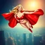 Placeholder: super pretty woman, blonde long haired, big bubs, good body, dressed with a mini red siut super hero, cape, flying over the city