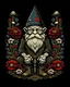 Placeholder: garden gnome in shephard fairey style graphic,wearing decorative flower clothing, sharp detailed graphic, holding a pitchfork, black background