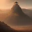 Placeholder: franz frazetta style, watchtower on hill, amon hen, plains in the distance, sunset