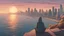 Placeholder: A guy in a hoodie sitting and smocking on a sea cliff in the left corner in front of a city with sydney-like skyscrapers, in a sunrise. view from behind. Arcane french animation style