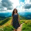 Placeholder: beautiful Green hills covered with flowers colorfull ,blue sky heavy clouds with godray ,very nice flowers at closeup ,wonderfull mountains at distance,beautiful lady look at camera ,walking to wards camera