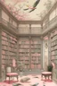 Placeholder: A light pink library with mystical books painted by Utagawa Hiroshige