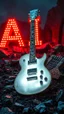 Placeholder: "ancient glowing metallic white electrical guitar on a ruined of all guitars graveyard , surrounded by black flowers runes and chitin shards, a background with a 3d Text of “ AI “ word dramatic spotlight, 16:9, high detail, no humans."