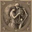 Placeholder: Memento mori with a tired looking 3/4 length skeleton standing behind and embracing in a dance like swirl a fainting young maiden, dynamic posture, swirl like macabre, couple is surrounded by botanical flower motifs, looks like a deep metal engraving, muted imperial colors