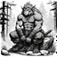 Placeholder: a tattooed gangsta troll sits on a rock, waiting in the forest. Record of Lodoss War style, Linework: Expressive, expressive black ink line art with variable stroke weights. Crisp contours define silhouettes while fine hatching adds subtle depth and form.